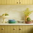 Kitchen with splatterware dinnerware and serveware.