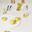 Table setting with Simple Porcelain Dinnerware, Simple Glassware, Simple Linen Napkins, and Provencal Flatware.