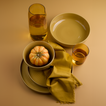 Essential dinnerware, glassware, pitcher, and napkins in Mustard tones.