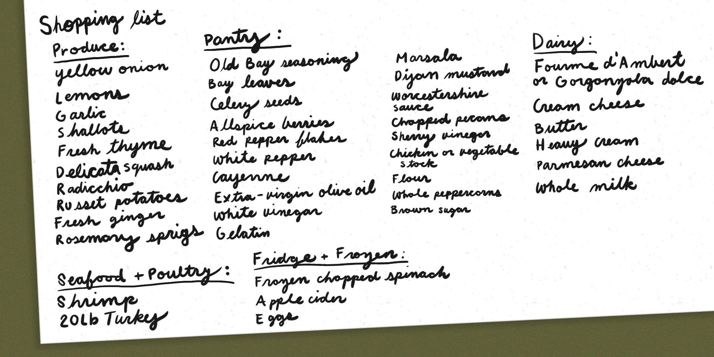 Handwritten shopping list categorized into Produce, Seafood & Poultry, Pantry, Fridge & Frozen, and Dairy, including items such as yellow onion, shrimp, Old Bay seasoning, Dijon mustard, and butter.