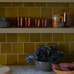 Kitchen shelves with bowls and produce and Essential Glass Pitcher and Glassware in Terracotta and Essential Plates in Olive.