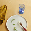 Place setting with Gingham Napkin, Simple Porcelain Plate with Red Fork, and Blue Simple Seeded Glass with water.