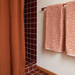Bathroom with terracotta shower curtain and towels on a rack