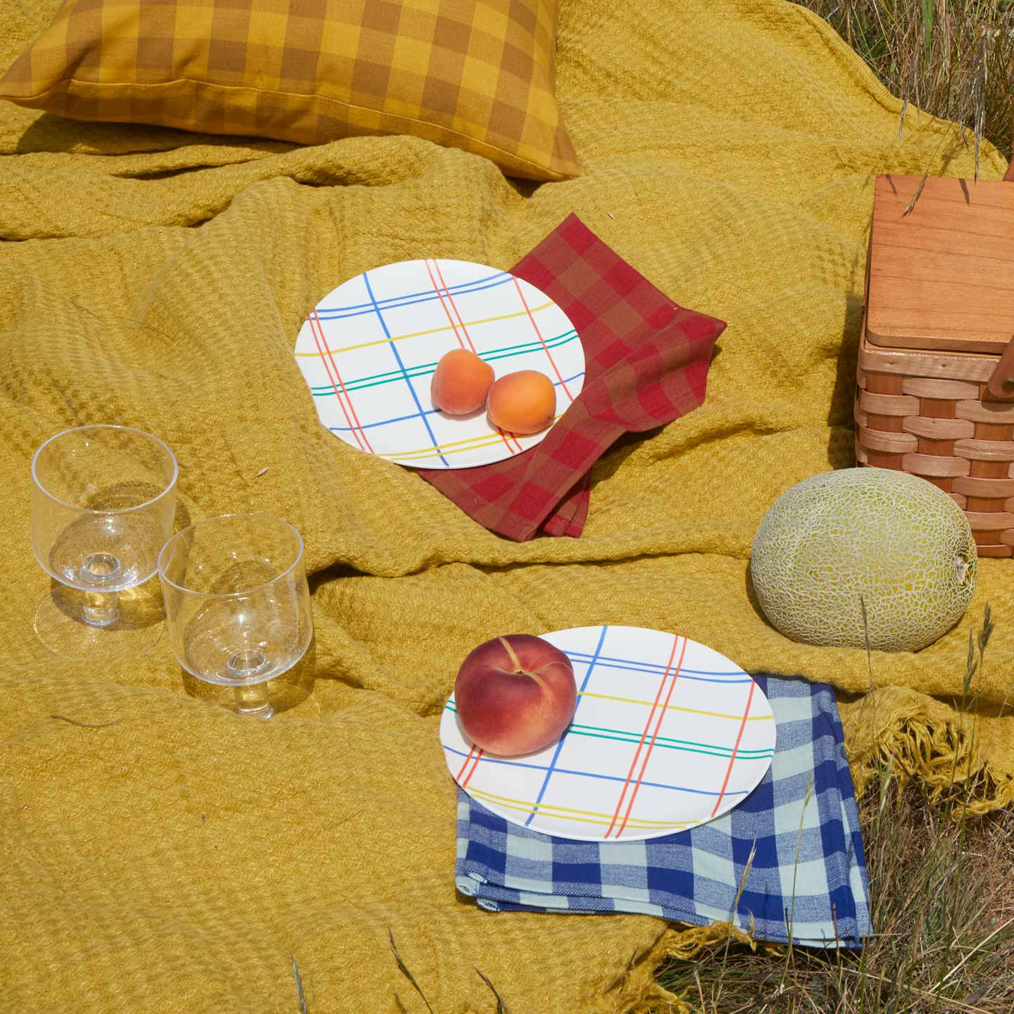 Picnic on mustard blanket with basket, canteloupe, Simple Seeded Glassware in Clear, Essential Gingham Napkins in Red and Blue, Xenia Taler plates, and fruit.