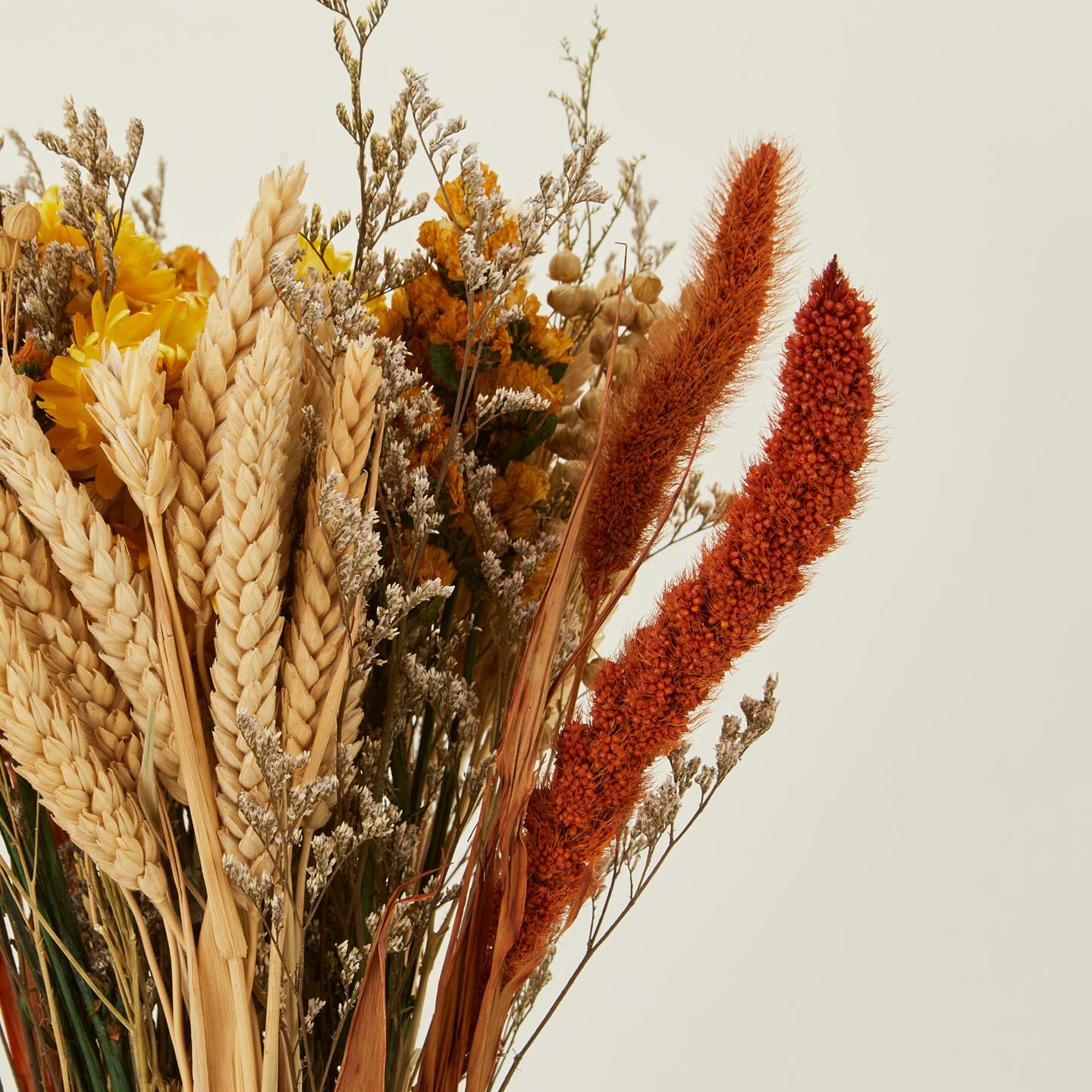 Close up view of Andaluca golden aisle dried floral bouquet.