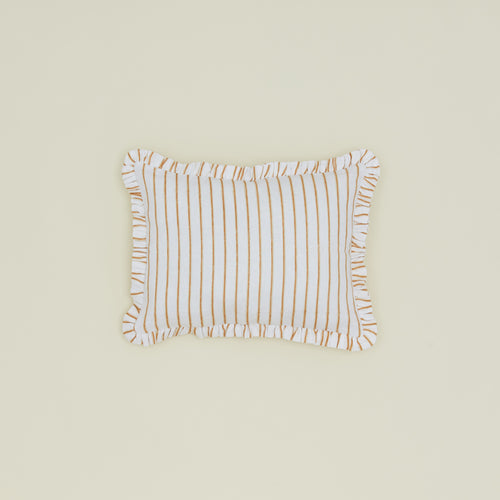 Block printed striped ruffled pillow in Tan.