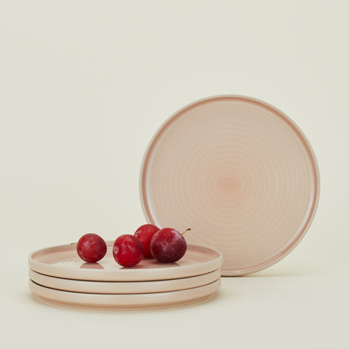Four Essential Salad Plates in Blush, with plums.