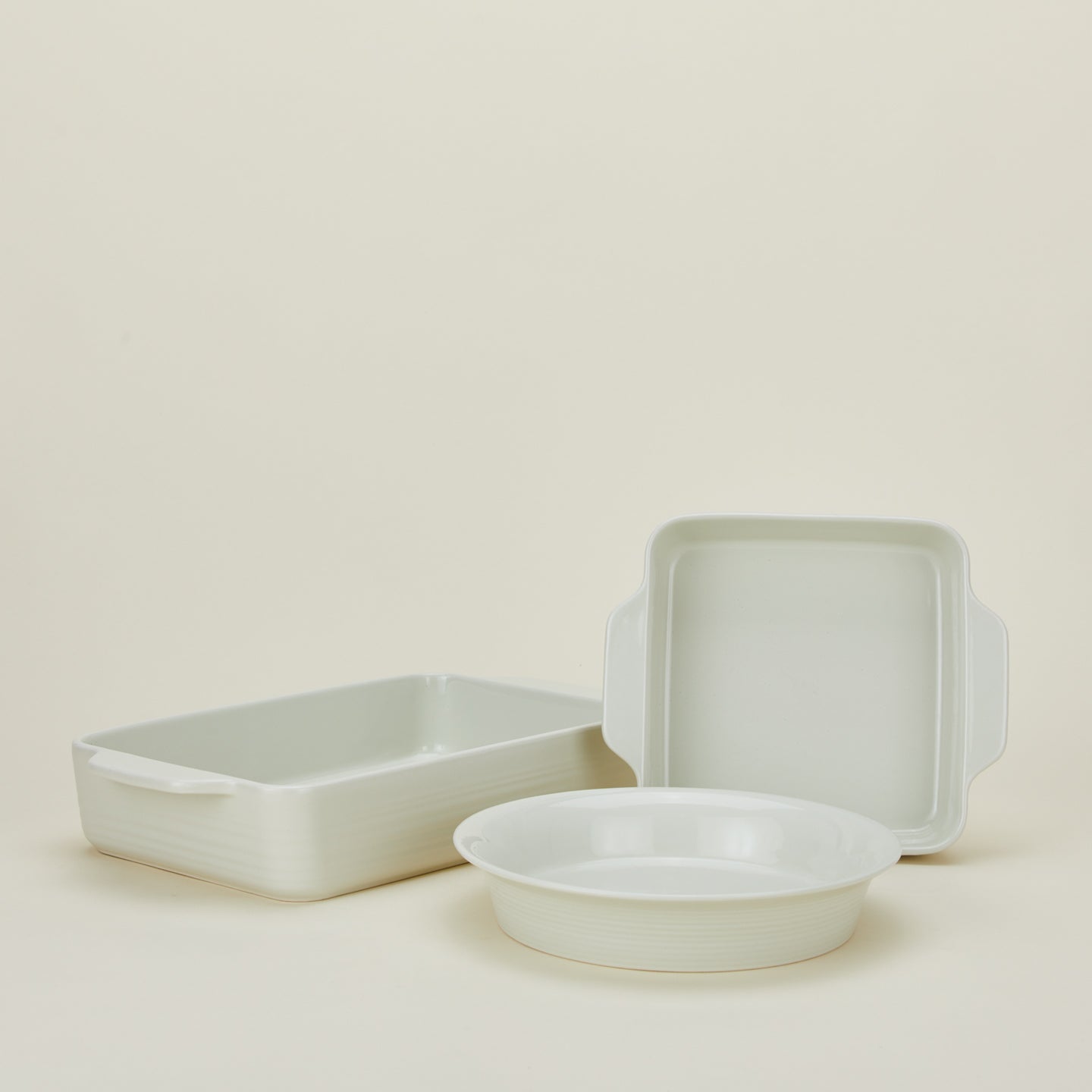 Essential Bakeware bundle in bone with 8x8, 9x13, and pie dish