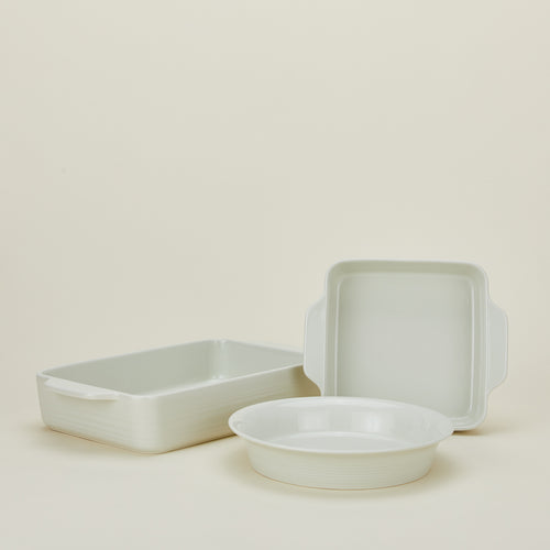 Essential Bakeware bundle in bone with 8x8, 9x13, and pie dish