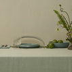 Blue tablescape with Simple Seeded Glass in Clear with water.
