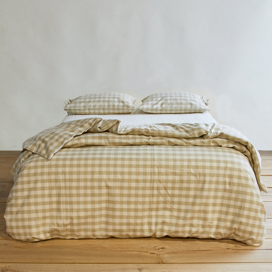 Essential Gingham Pillowcases, Set of 2 - Ivory/Flax on bed with matching duvet cover