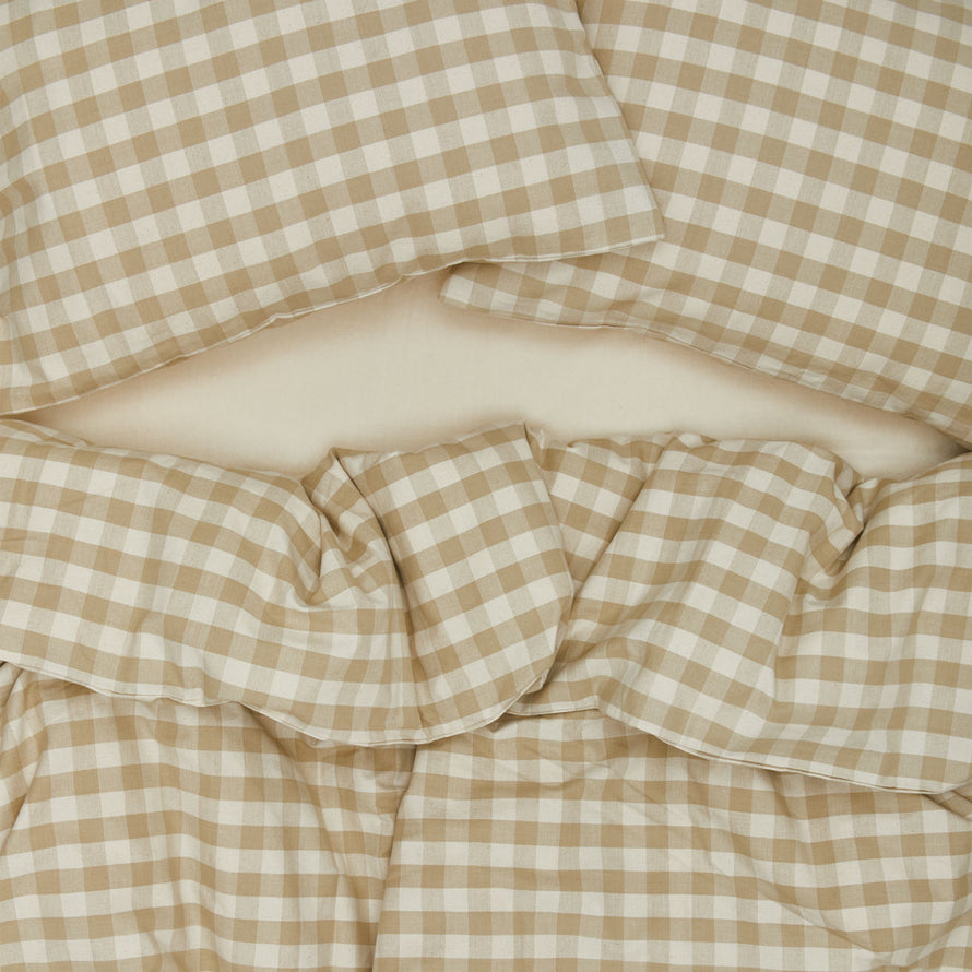 Essential Gingham Pillowcases, Set of 2 - Ivory/Flax on bed with matching duvet cover