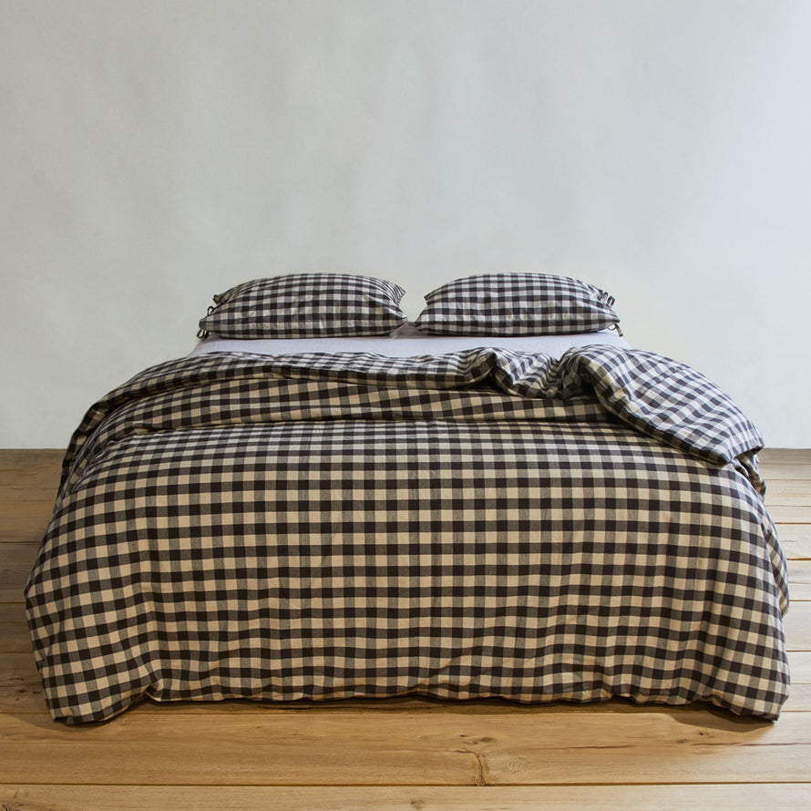 Essential Gingham Duvet - Light Grey/Black on bed with matching pillow cases
