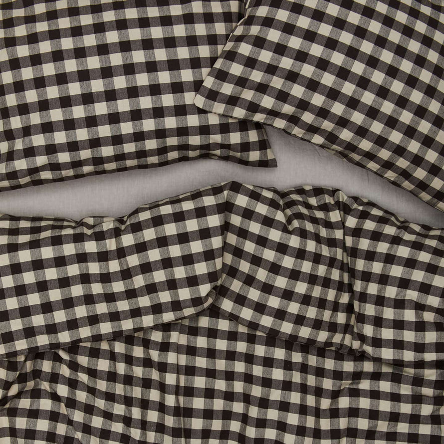 Essential Gingham Duvet - Light Grey/Black on bed with matching pillow cases