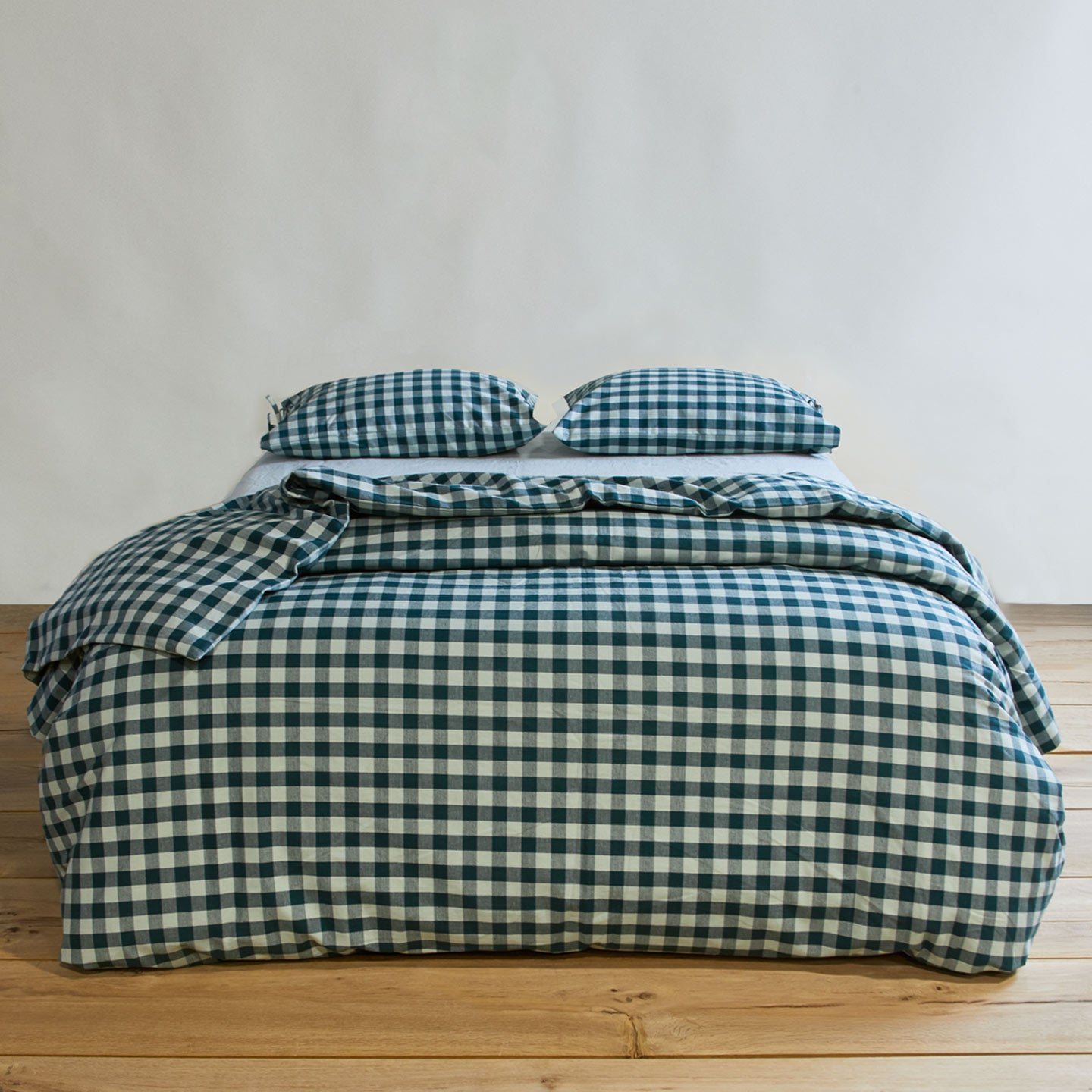 Essential Gingham Duvet - Sky/Peacock on bed with matching purposes