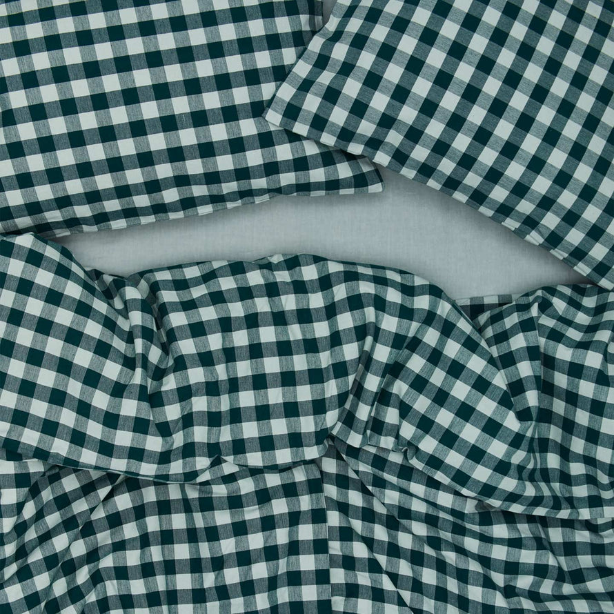 Essential Gingham Duvet - Sky/Peacock on bed with matching pillow cases
