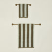 Small and large towel bars in Olive with striped towels.