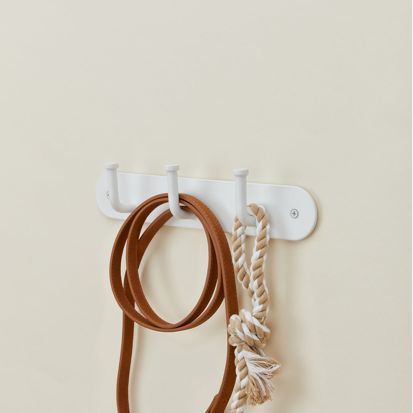 Essential hook rack in white with dog leash and dog toy