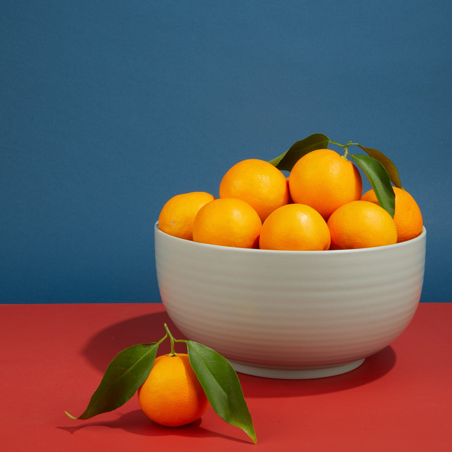 Essential Serving Bowl in light grey with oranges on blue and red background.
