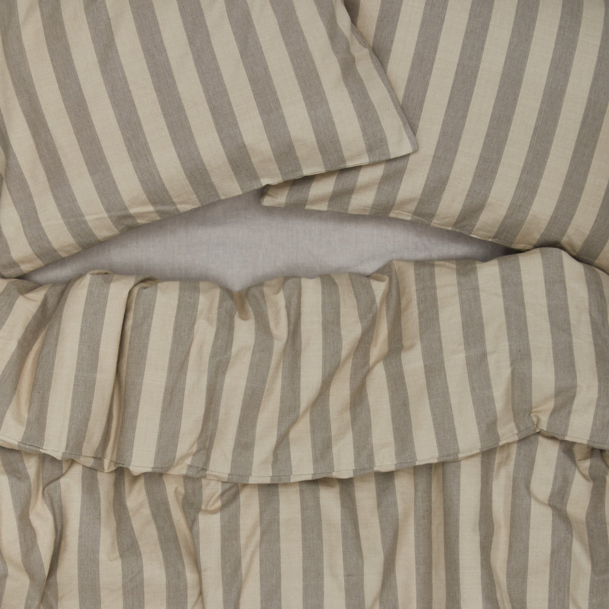 Essential Stripe Pillowcases, Set of 2 - Light Grey/Dark Grey on bed with duvet