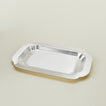 Three quarter view of  of decorative edge rectangular silver tray