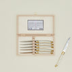 Jean Dubost steak knives set of 6 in open wooden storage box