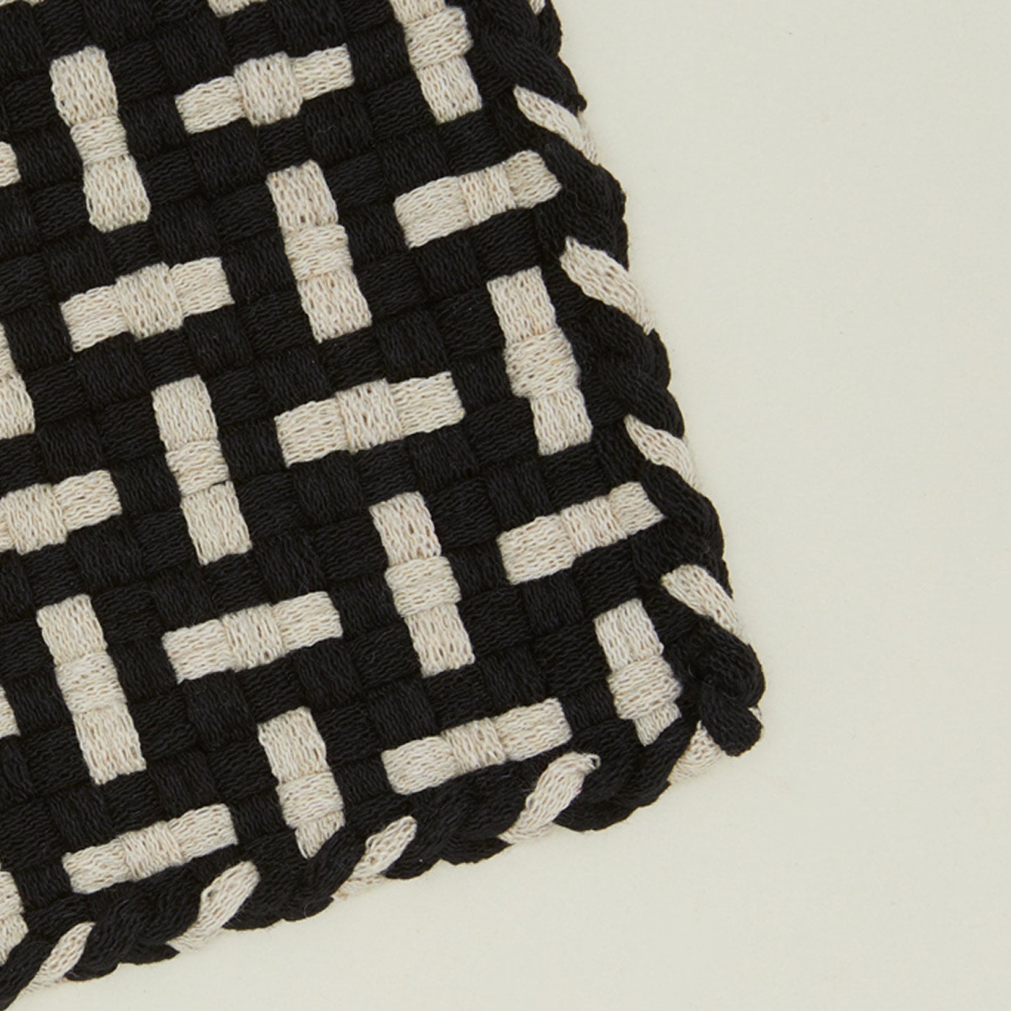 Detail view of parquet potholder in black and flax