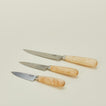 A close up of three knives with wood handles in varying sizes.