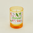 Candle with a colorful label on a beige background