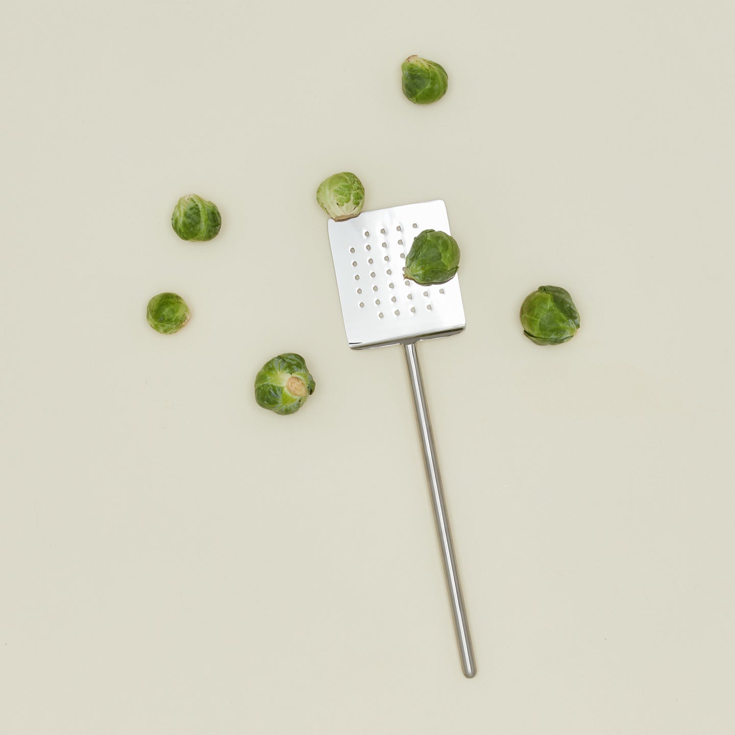 Simple metal spatula in silver with brussels sprouts