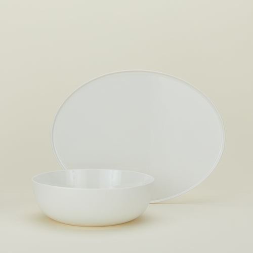 Simple Porcelain serving set with serving bowl and platter in white