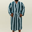 Simple Striped Terry Bathrobe - Sky/Peacock on model