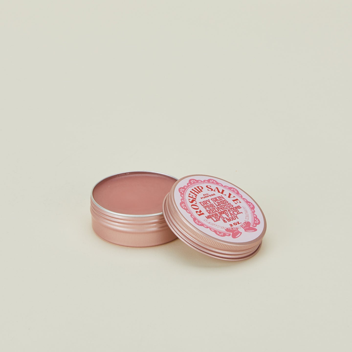 Rosehip salve close up with lid off