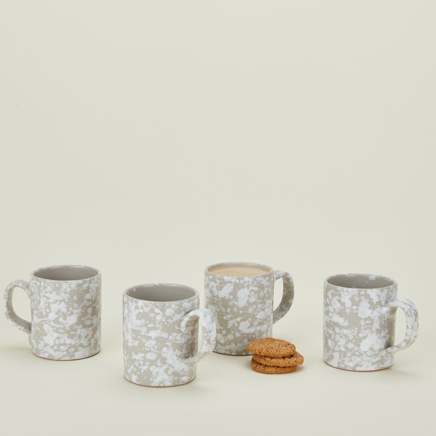 Splatterware mugs set of 4 in grey and white with coffee and cookies