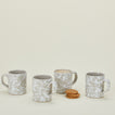 Splatterware mugs set of 4 in grey and white with coffee and cookies