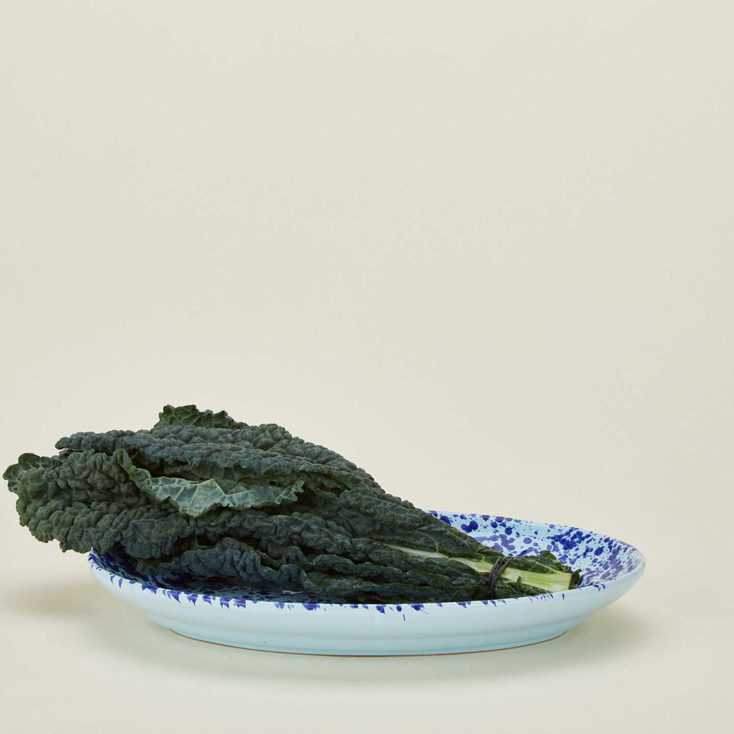 Splatterware serving platter in sky and cobalt with lettuce