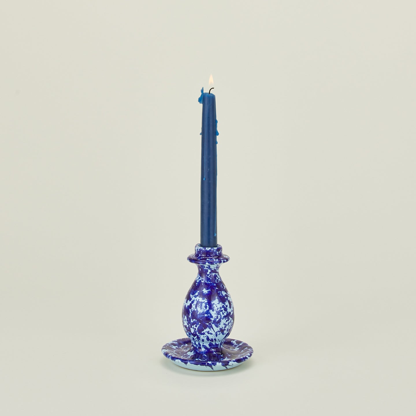 Small splatter candle holder in sky and cobalt with candle