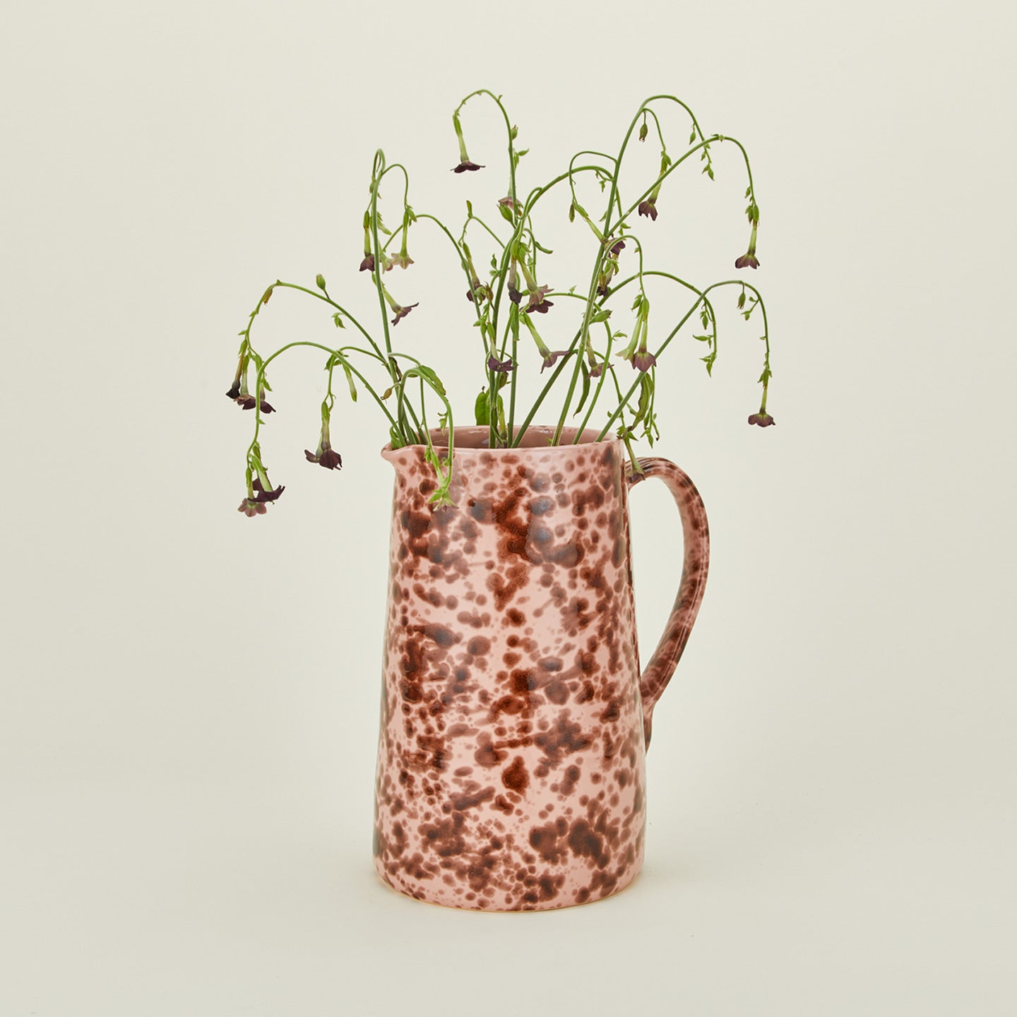 Large splatterware pitcher in blush and terracotta with florals