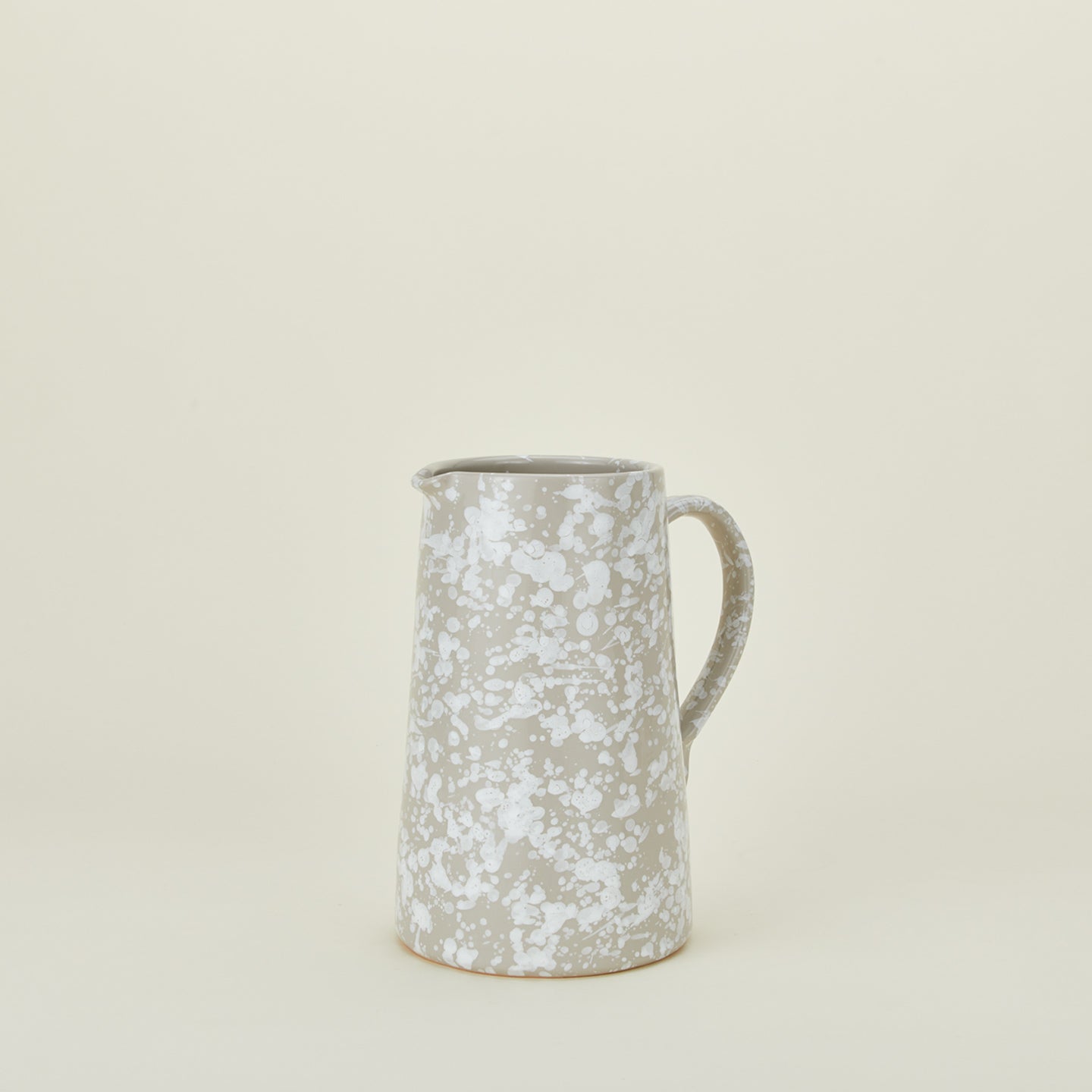Large splatterware pitcher in white and grey