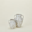 Large and small splatterware vases in grey and white