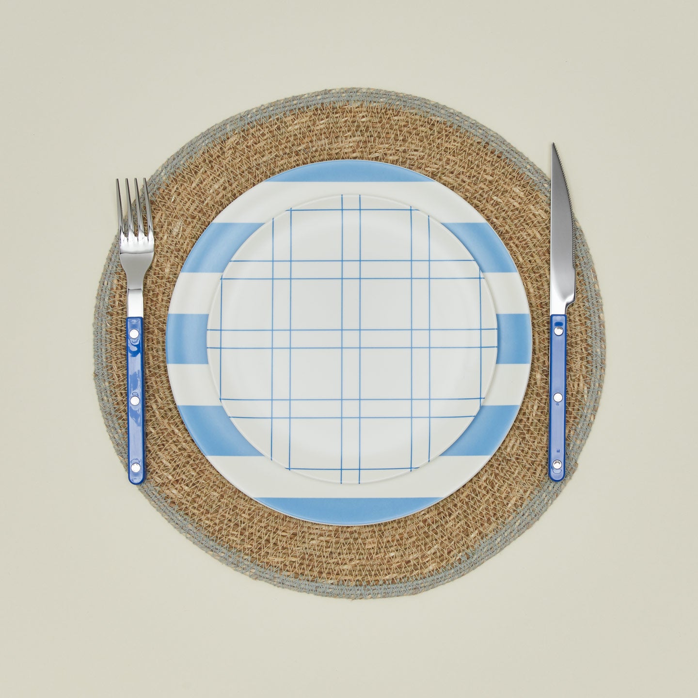 Bamboo Melamine Dinner Plate in Blue Wide Stripe with place setting