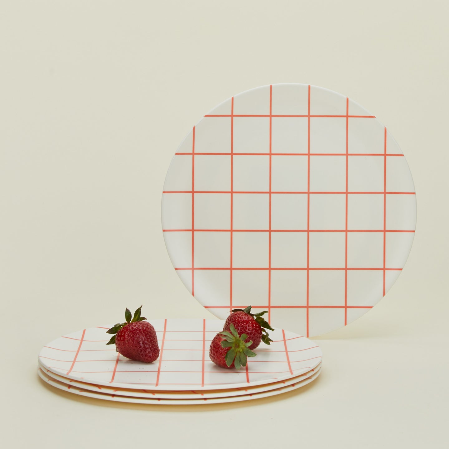 Bamboo Melamine Dinner Plate, Set of 4 - Red Grid with strawberries